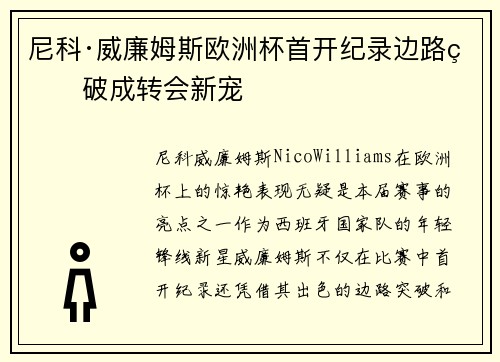 尼科·威廉姆斯欧洲杯首开纪录边路爆破成转会新宠 尼科·威廉姆斯欧洲杯首开纪录边路爆破成转会新宠