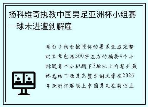 扬科维奇执教中国男足亚洲杯小组赛一球未进遭到解雇
