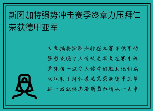 斯图加特强势冲击赛季终章力压拜仁荣获德甲亚军